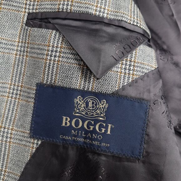 Boggi Milano Blazer Mens 50 / 42" Chest Gray Brown Plaid Wool Lined Jacket - Picture 7 of 16